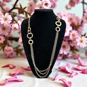 Premier Designs Long Layered Chain Necklace – Silver Tone & Gold Tone Rings, 36